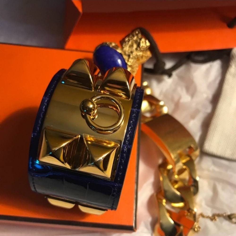 Authentic Hermes Collier de Chien Mississippi Blue Croc Alligator Cuff